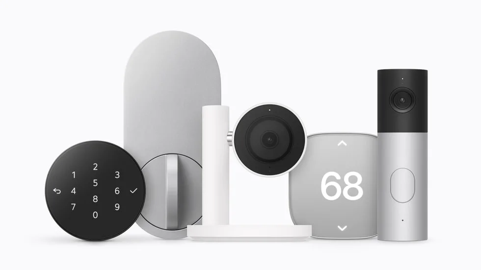 Conjunto de acessórios Apple Home Collection, incluindo fechadura, câmeras e termostato