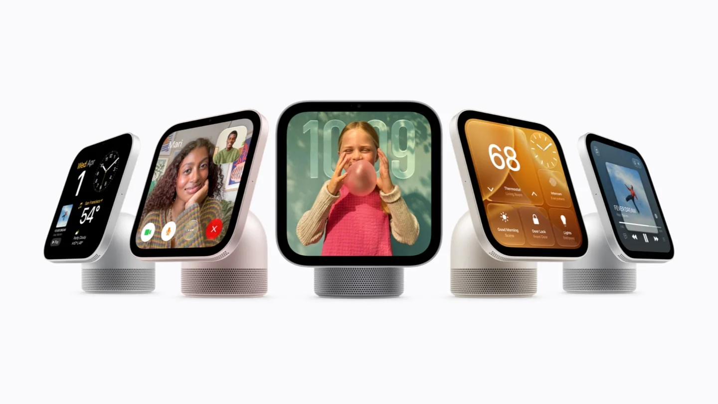 Cinco versões do Apple HomeView alinhadas, em imagem oficial do lançamento da Apple