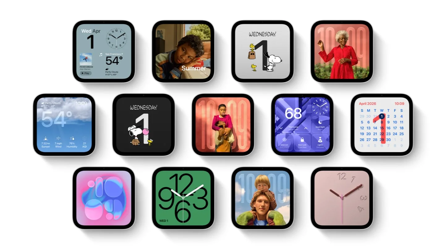 Diferentes mostradores com fotos, relógios, calendários e widgets do HomeView
