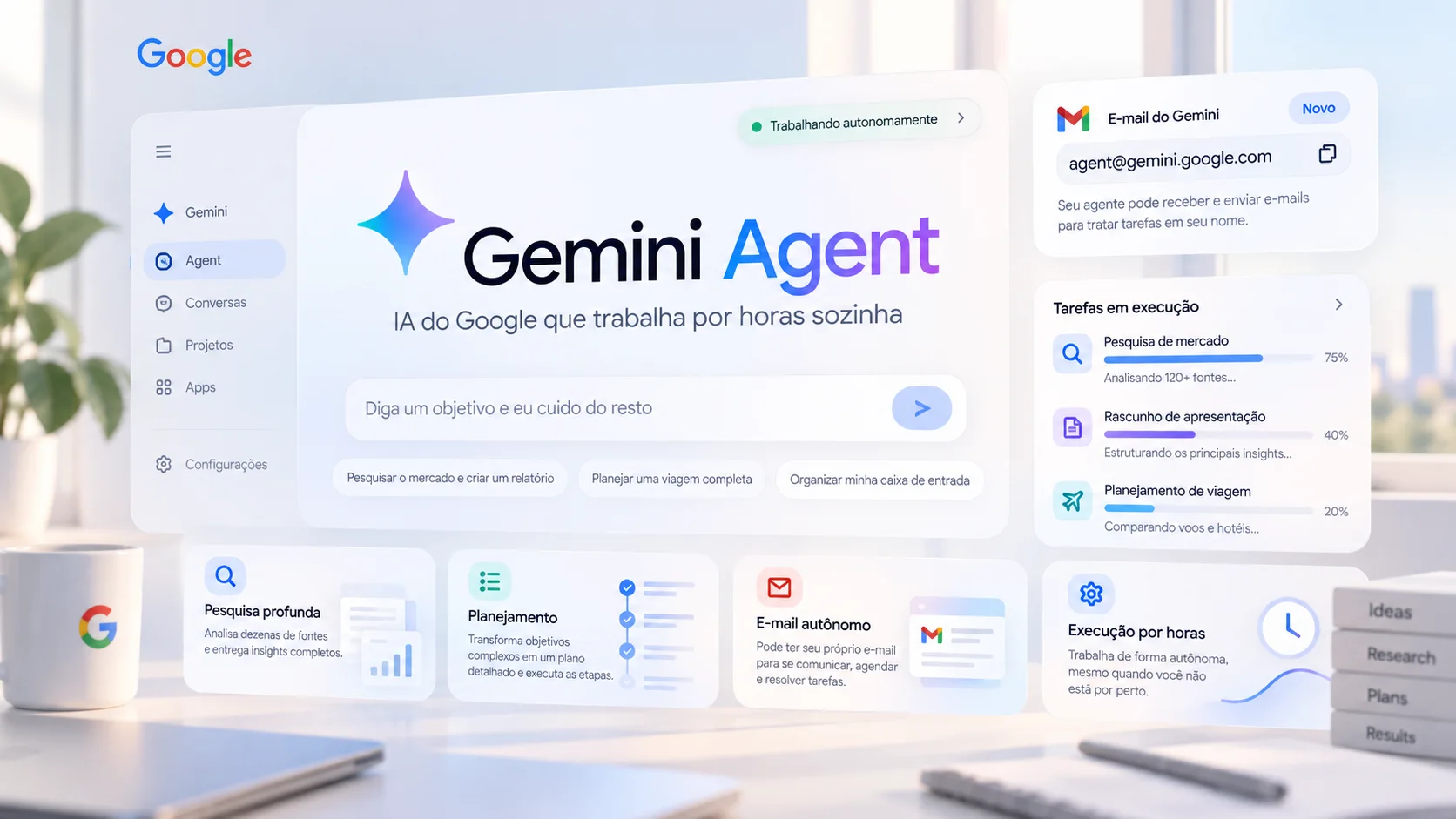 Ilustração do Gemini Agent do Google, com interface clara, identidade visual do Gemini, tarefas autônomas e recursos de e-mail e pesquisa