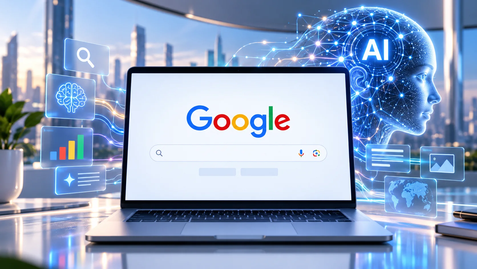 Computador com interface do Google e representação visual de inteligência artificial