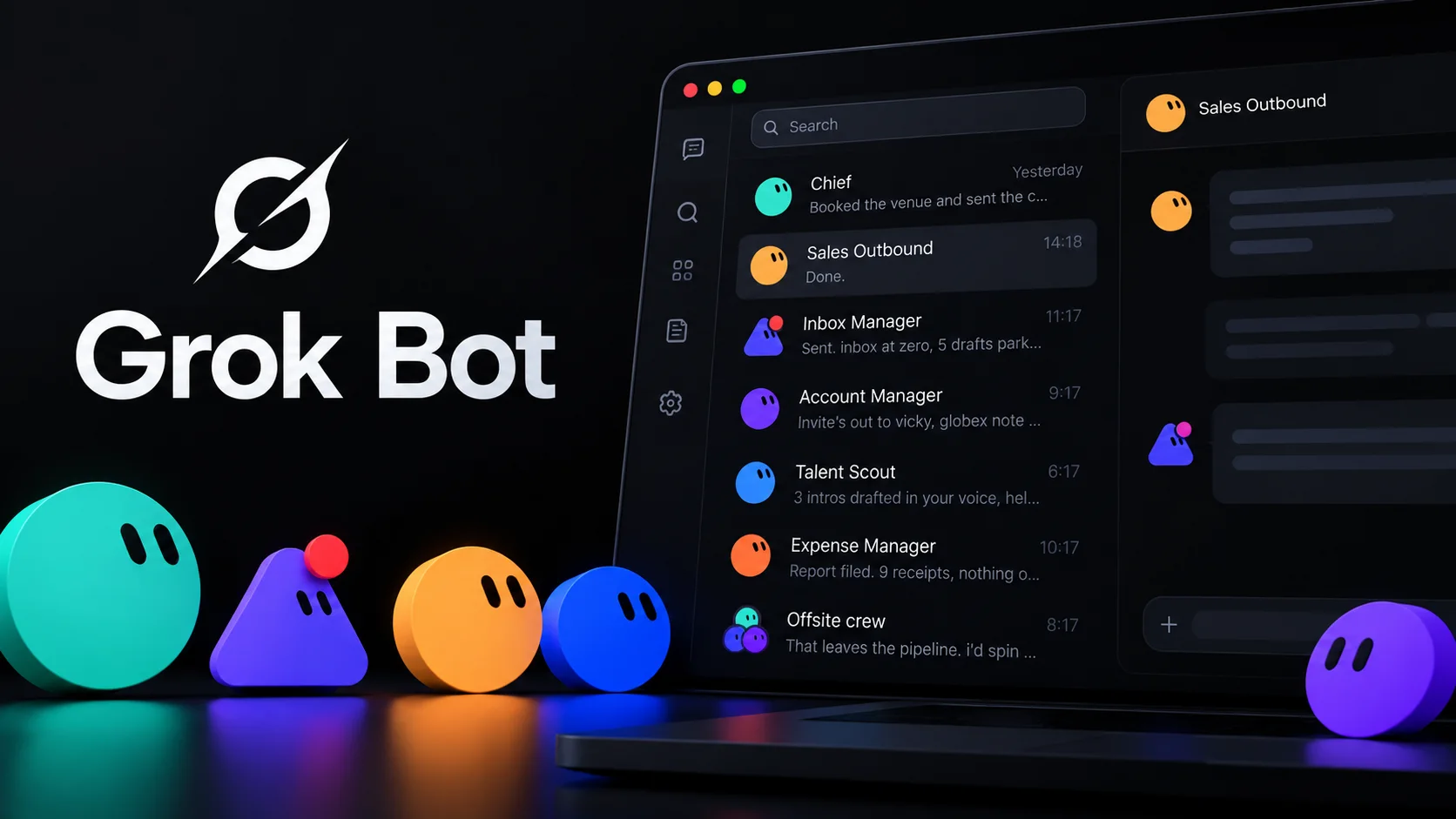 Grok Bot da xAI com avatares coloridos e painel de agentes de inteligência artificial