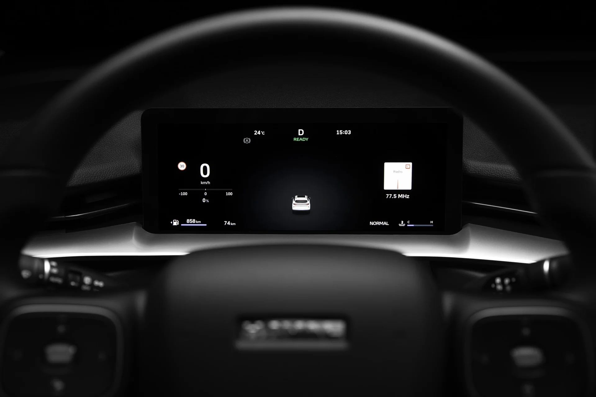 Quadro de instrumentos digital de 10,25 polegadas do GWM Haval H6 HEV visto por trás do volante