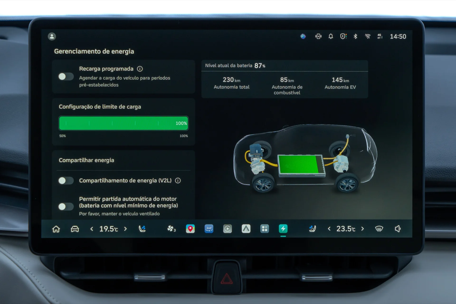 Tela de gerenciamento de energia na central multimídia do GWM Haval H6 PHEV35 Flex