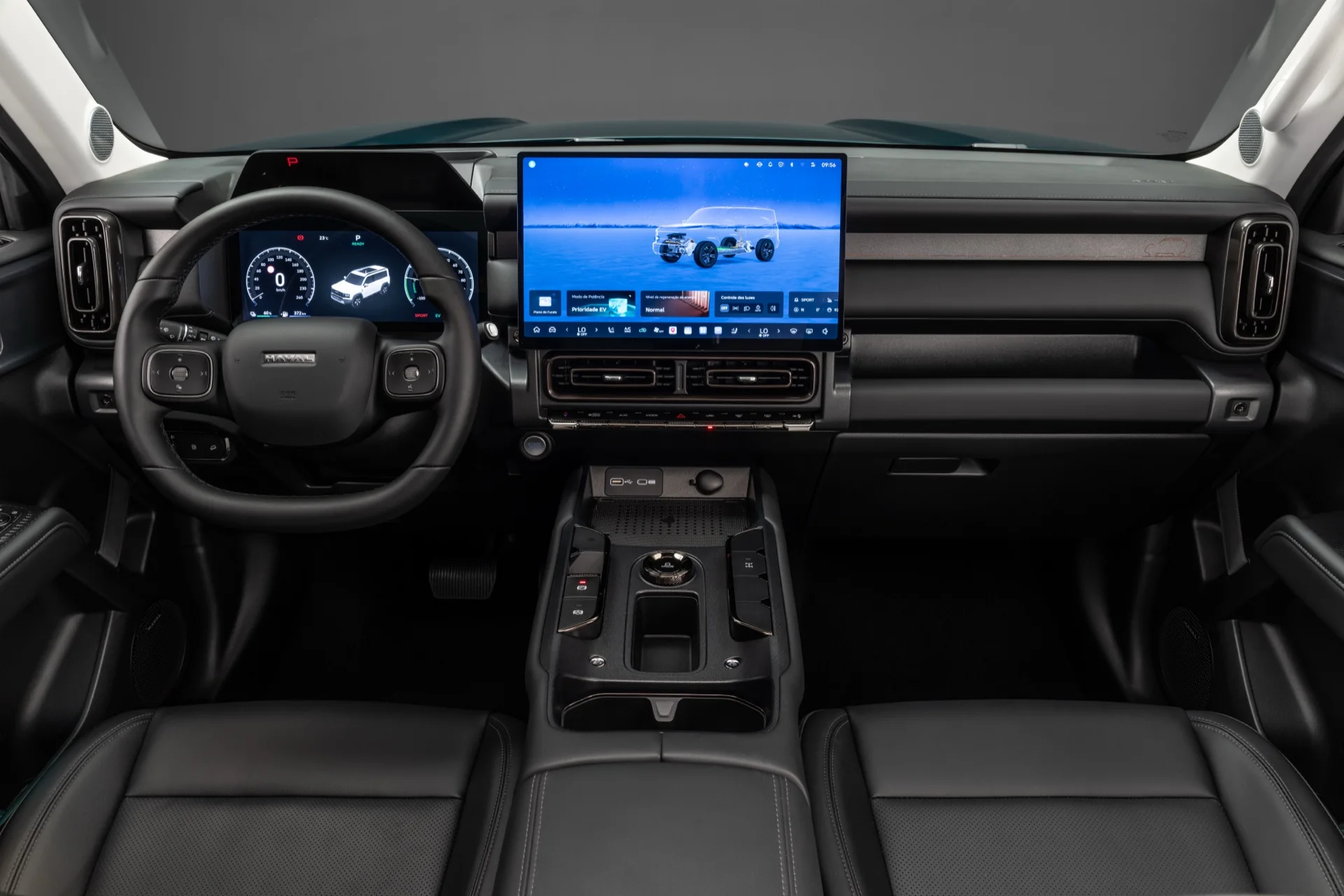 Painel do GWM Haval H7 com quadro de instrumentos digital, multimídia de 15,6 polegadas e bancos pretos