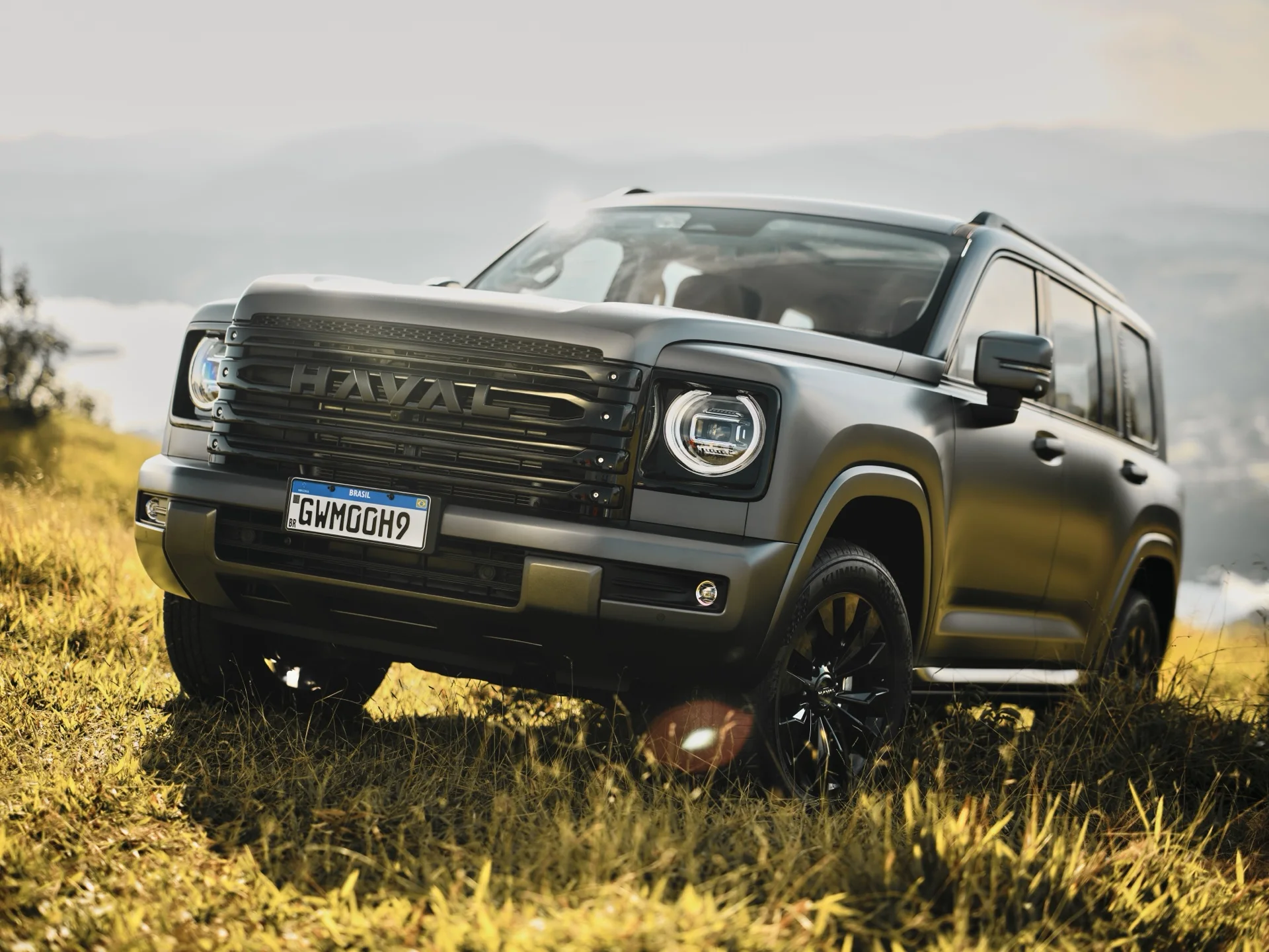 GWM Haval H9 Selection cinza fosco visto de frente, em um campo de vegetação rasteira