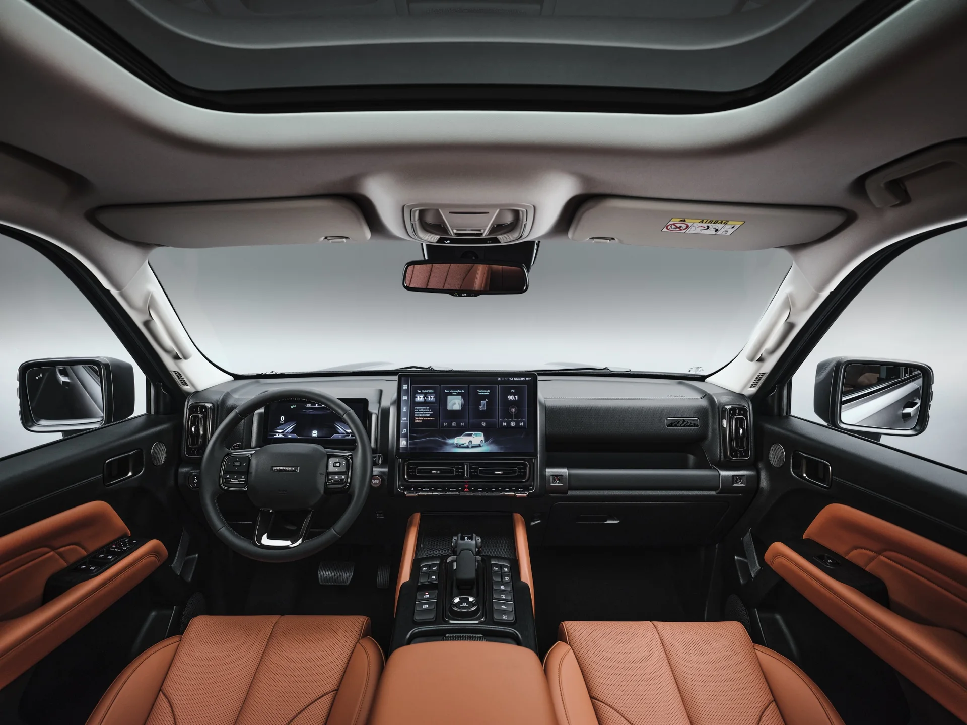 Painel e bancos dianteiros do GWM Haval H9 Selection com revestimento marrom