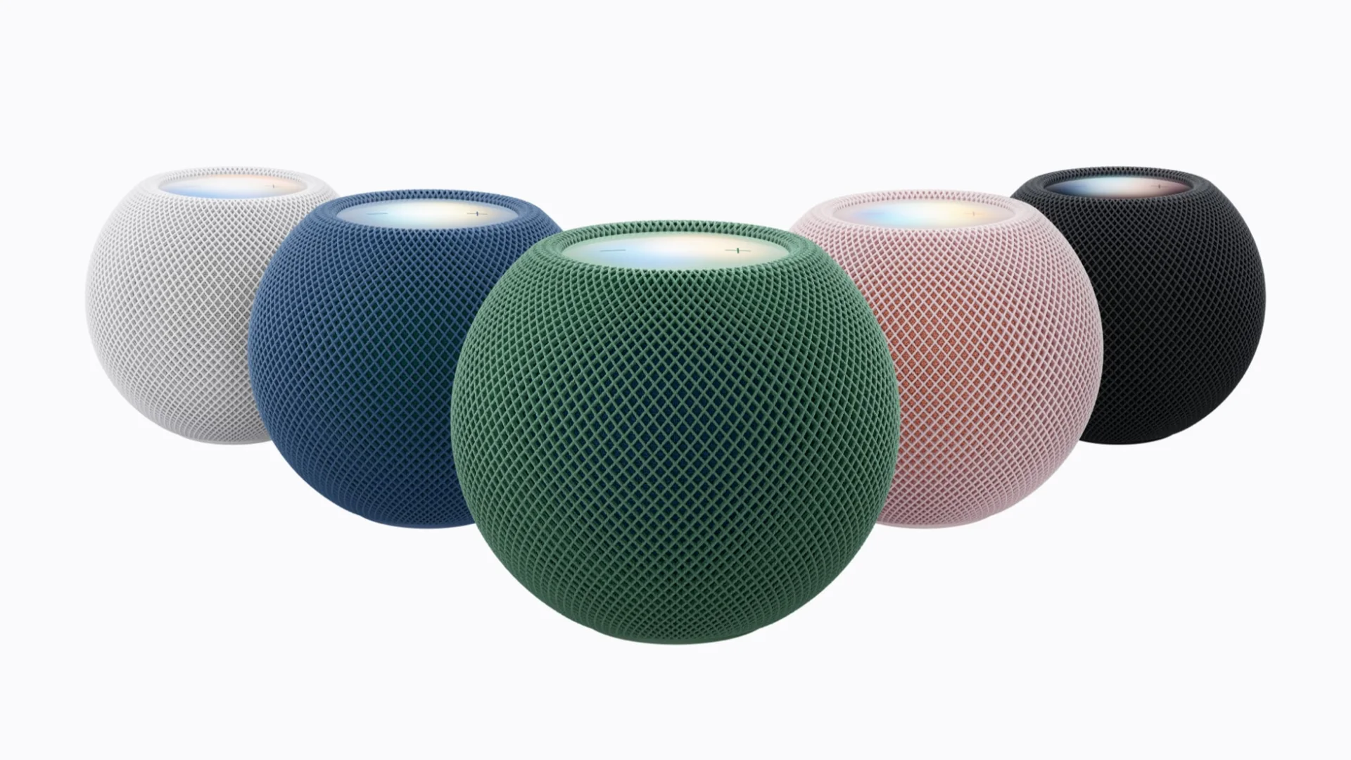 Cinco caixas de som HomePod mini 2 nas cores divulgadas pela Apple