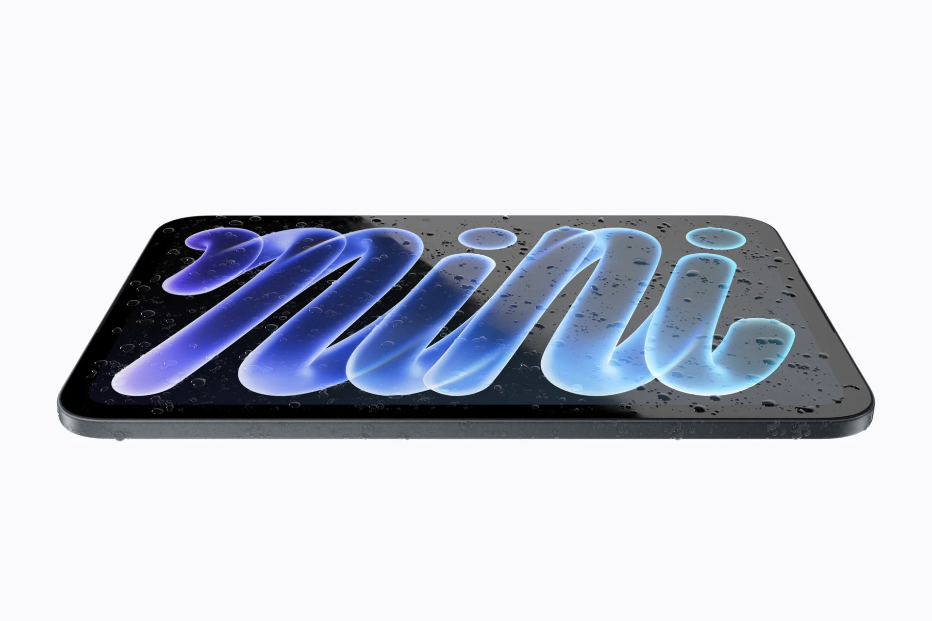 Imagem oficial do iPad mini com gotas de água destacando proteção IP67