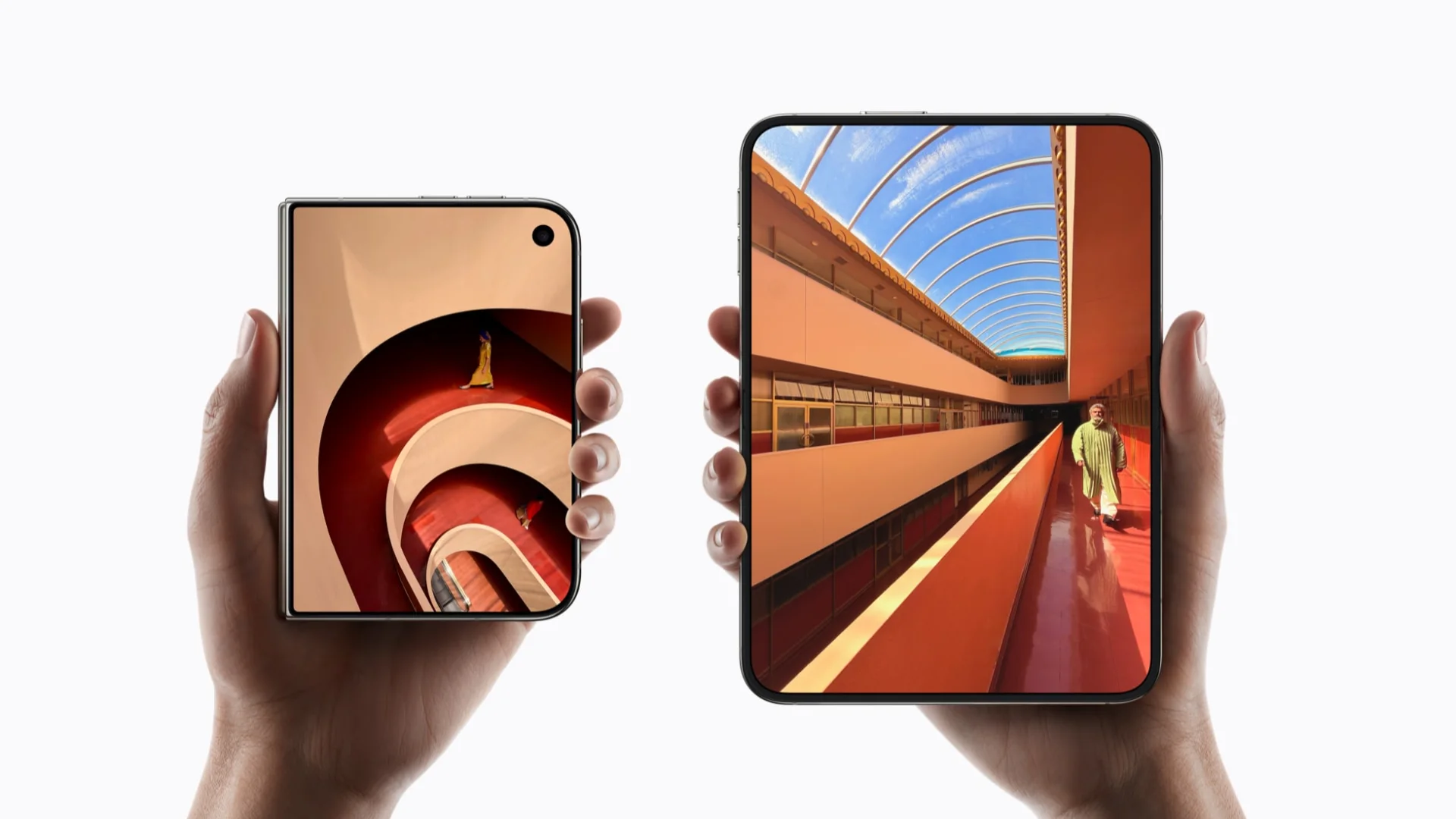iPhone Duo oficial da Apple apresentado fechado e aberto, destacando a tela interna dobrável de 7,6 polegadas