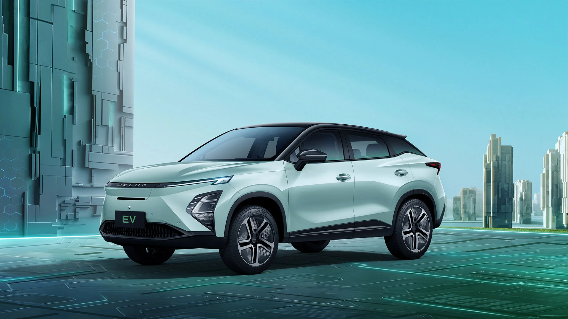 Omoda E5 verde-claro com teto preto visto de três quartos de frente em cenário urbano futurista
