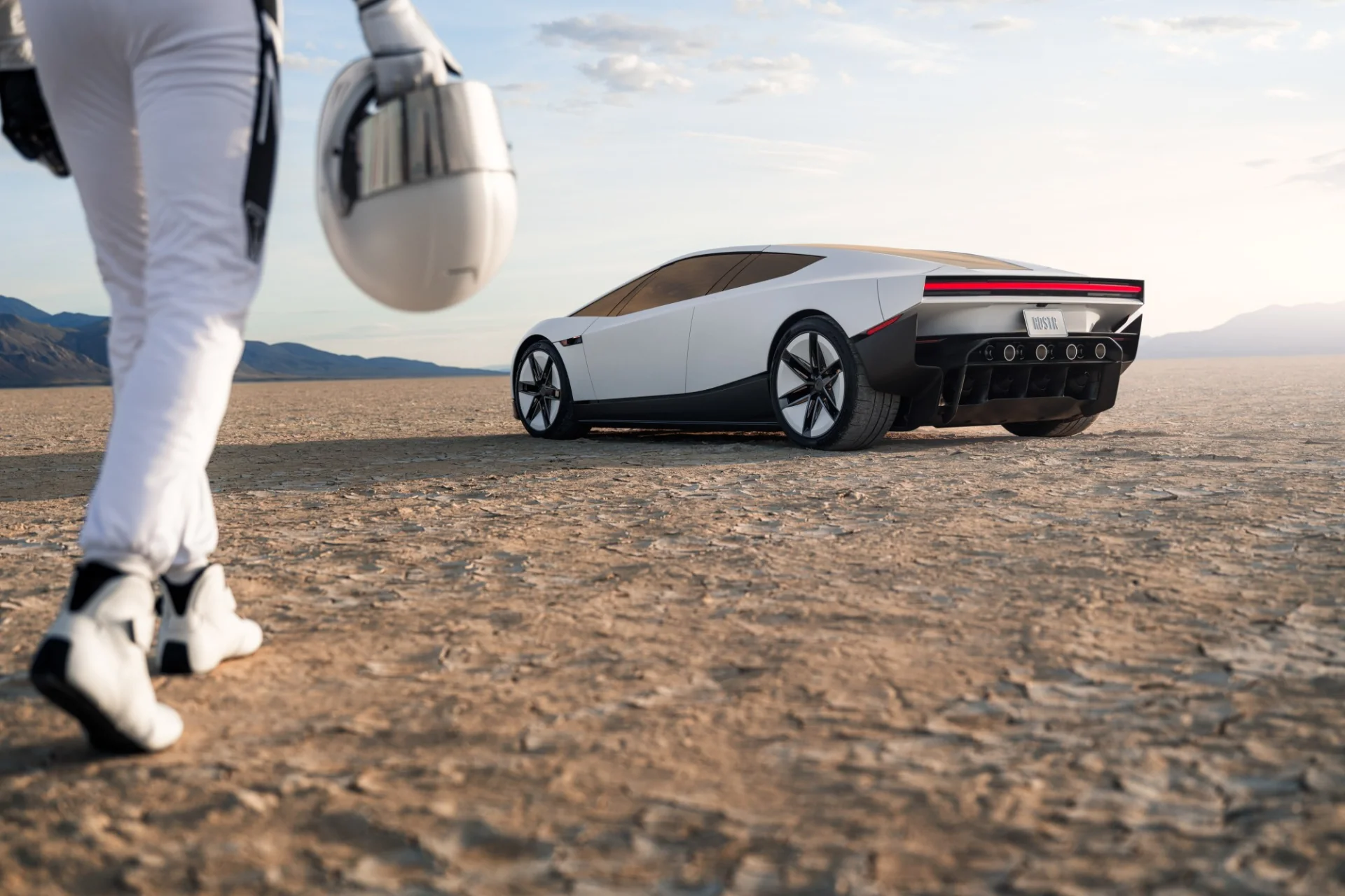 Tesla Roadster 2026 branco com desenho angular e conjunto de propulsores traseiros
