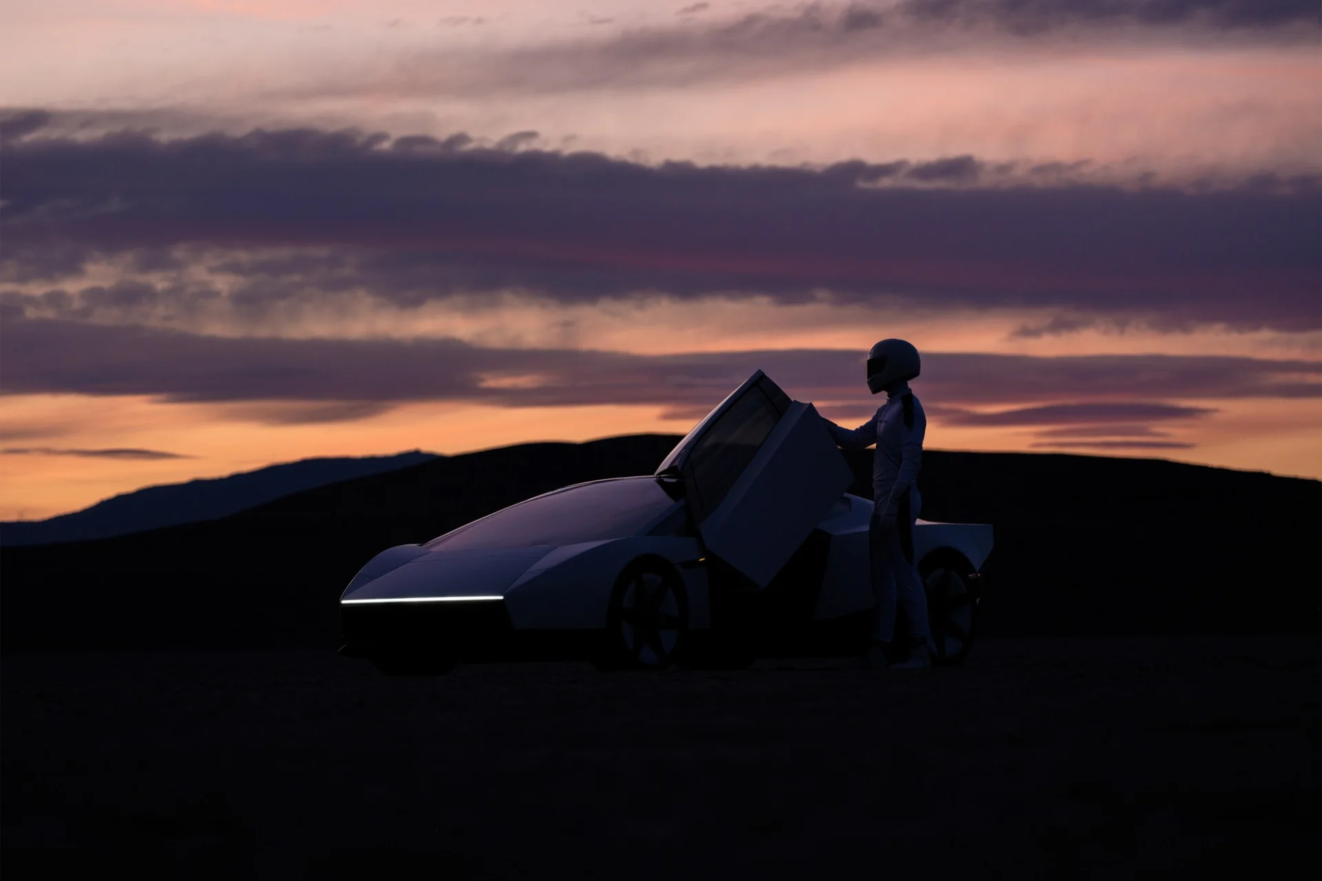 Tesla Roadster branco 2026 de perfil com porta aberta diante do pôr do sol
