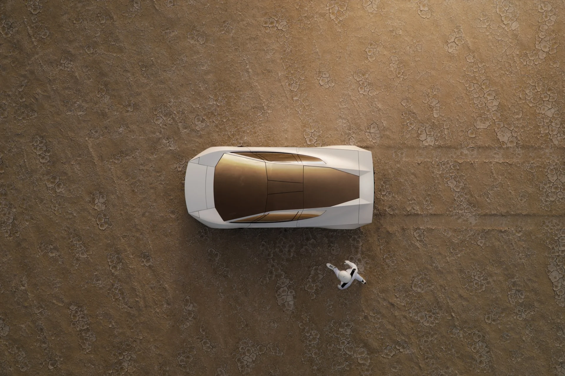 Tesla Roadster branco de 2026 visto de cima, com teto e desenho da carroceria
